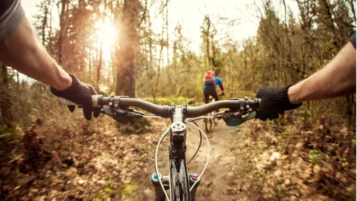 Maastopyöräilyä metsäpolulla, aurinko paistaa puiden lomasta.