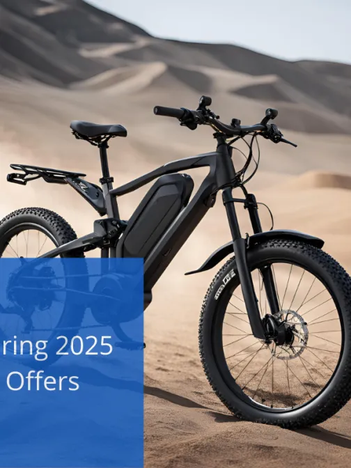 Ebike on desert. Spring 2025 offers text in front of the image.