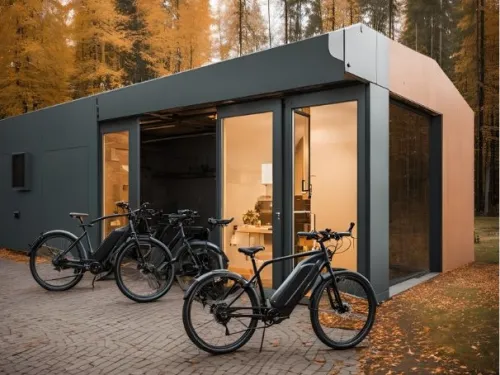 Moderni rakennus mets&auml;n laidalla, edess&auml; kolme s&auml;hk&ouml;py&ouml;r&auml;&auml;, syksyinen tausta.