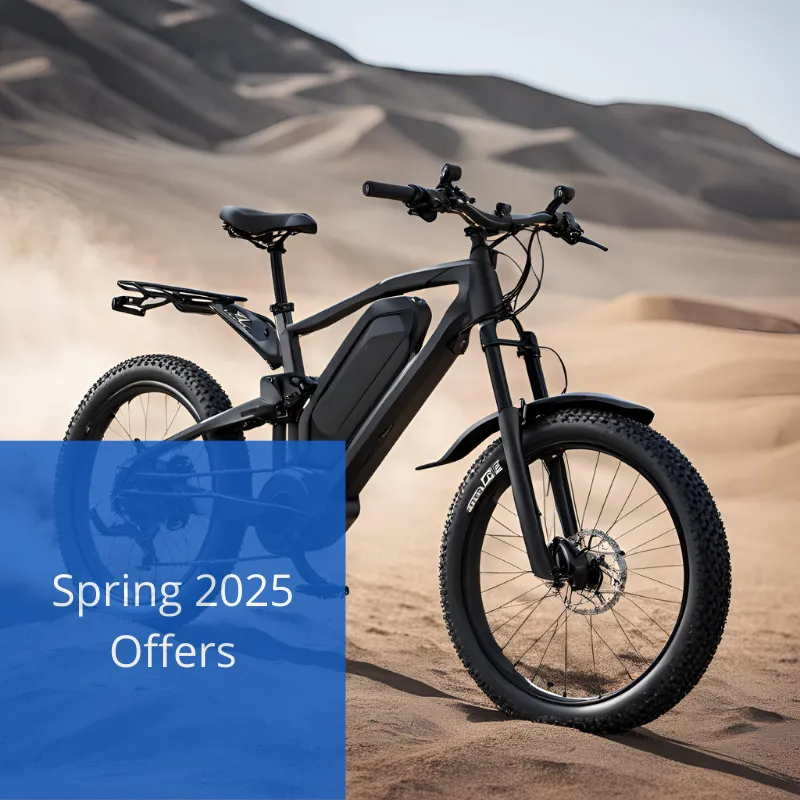 Ebike on desert. Spring 2025 offers text in front of the image.